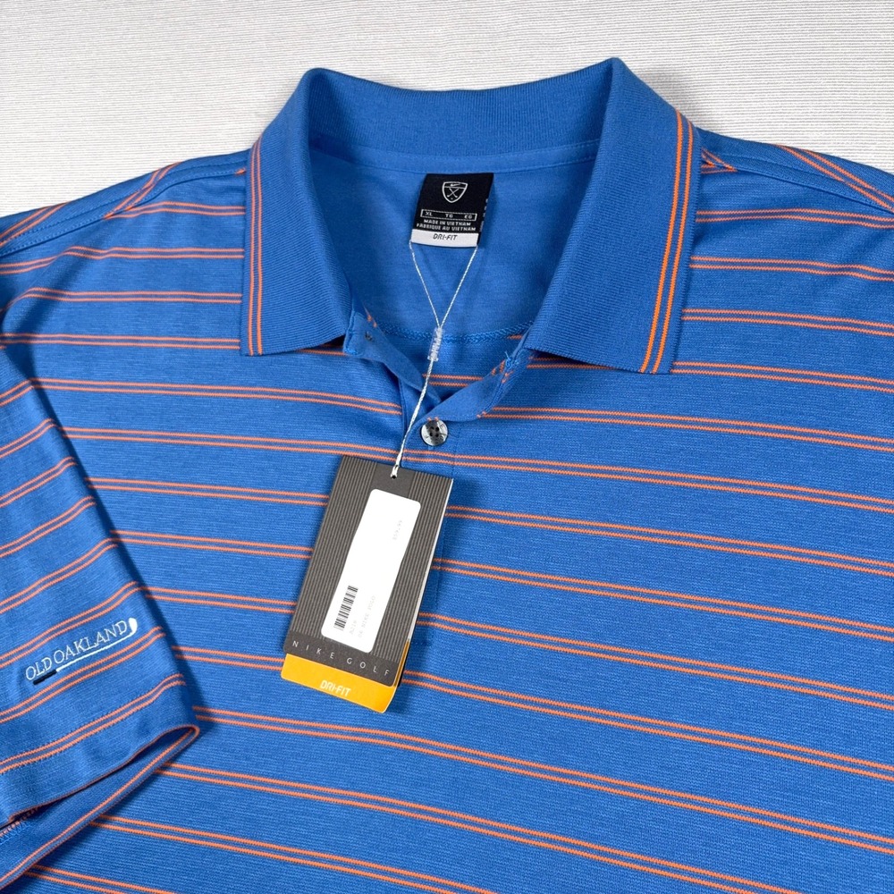 Nike Golf Dri-Fit Polo Shirt Mens XL Blue Orange Striped NEW Old Oakland Logo